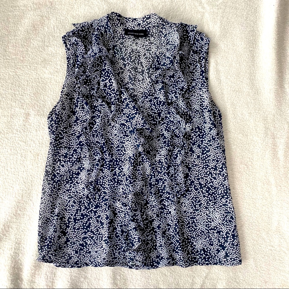Jones New York navy/white patterned blouse sz L
